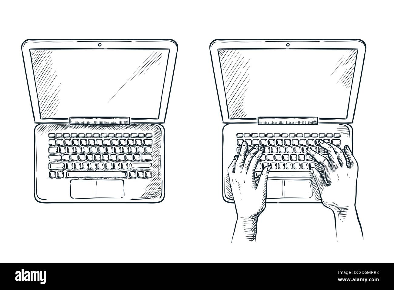 Menschliche Hände auf Laptop-Tastatur, Vektor-Skizze Illustration. Leerer Bildschirm des Computers in der Draufsicht. Freiberuflicher Job, Programmierung und Entwicklungskonzept. Stock Vektor