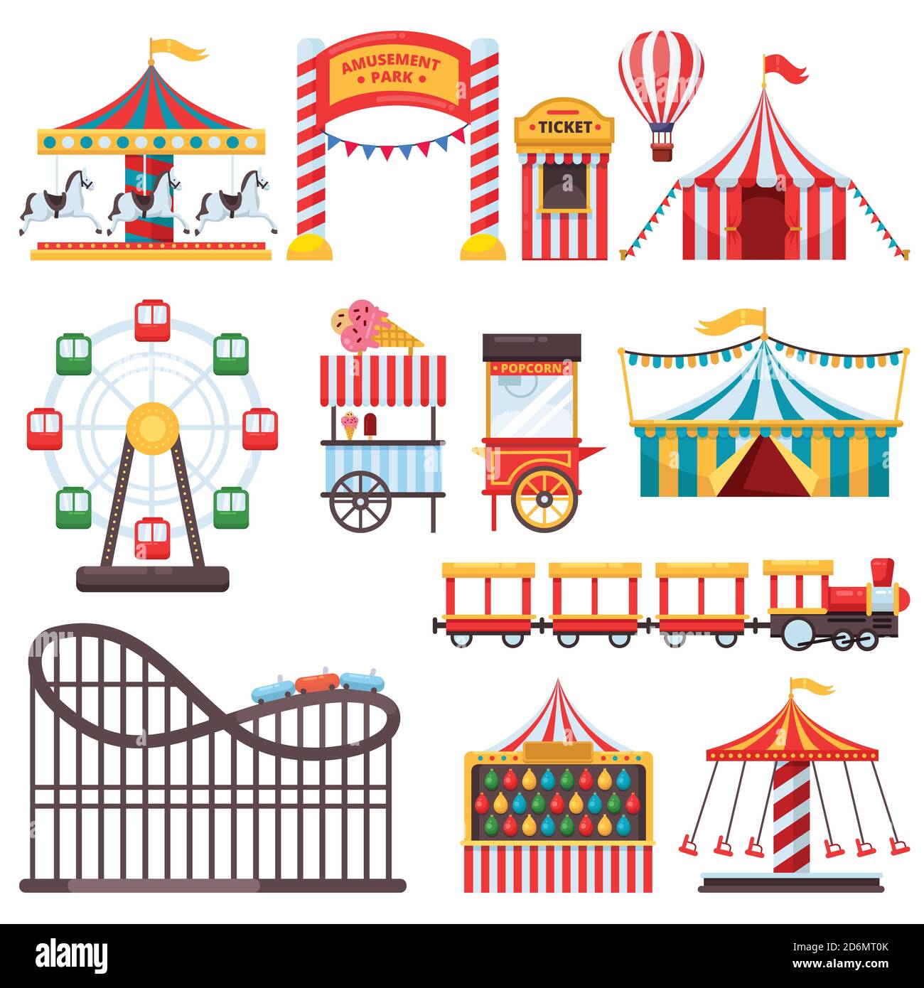 Vergnügungspark isoliert Symbole. Vektor flache Illustration von Zirkuszelt, Karussell, Riesenrad und andere Attraktionen. Design-Elemente für Karneval. Stock Vektor