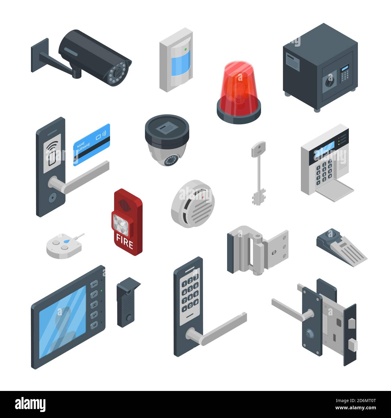 Home Security Systems Vektor 3d isometrische Symbole und Design-Elemente gesetzt. Intelligente Technologien, Sicherheitshaus, Steuerungs- und Schutzkonzept. Stock Vektor