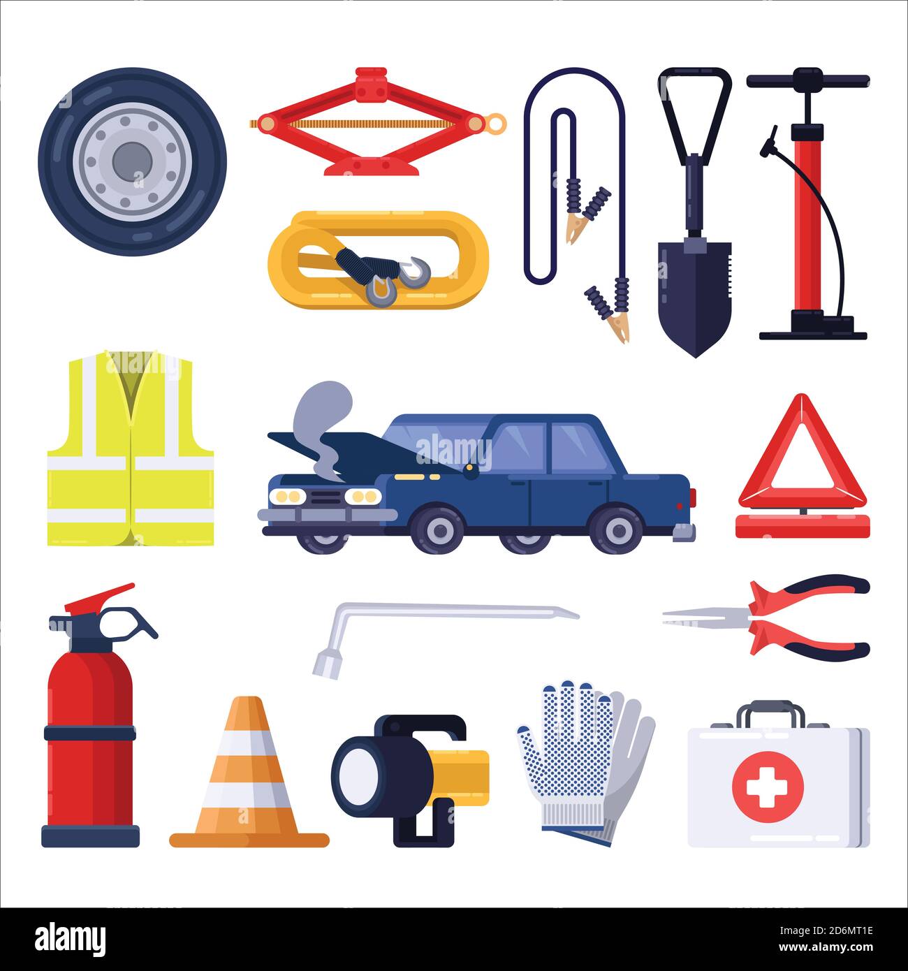 Auto Straße Notfall-Kit. Kfz-Reparatur- und Sicherheitswerkzeuge. Vektorgrafik flach. Stock Vektor