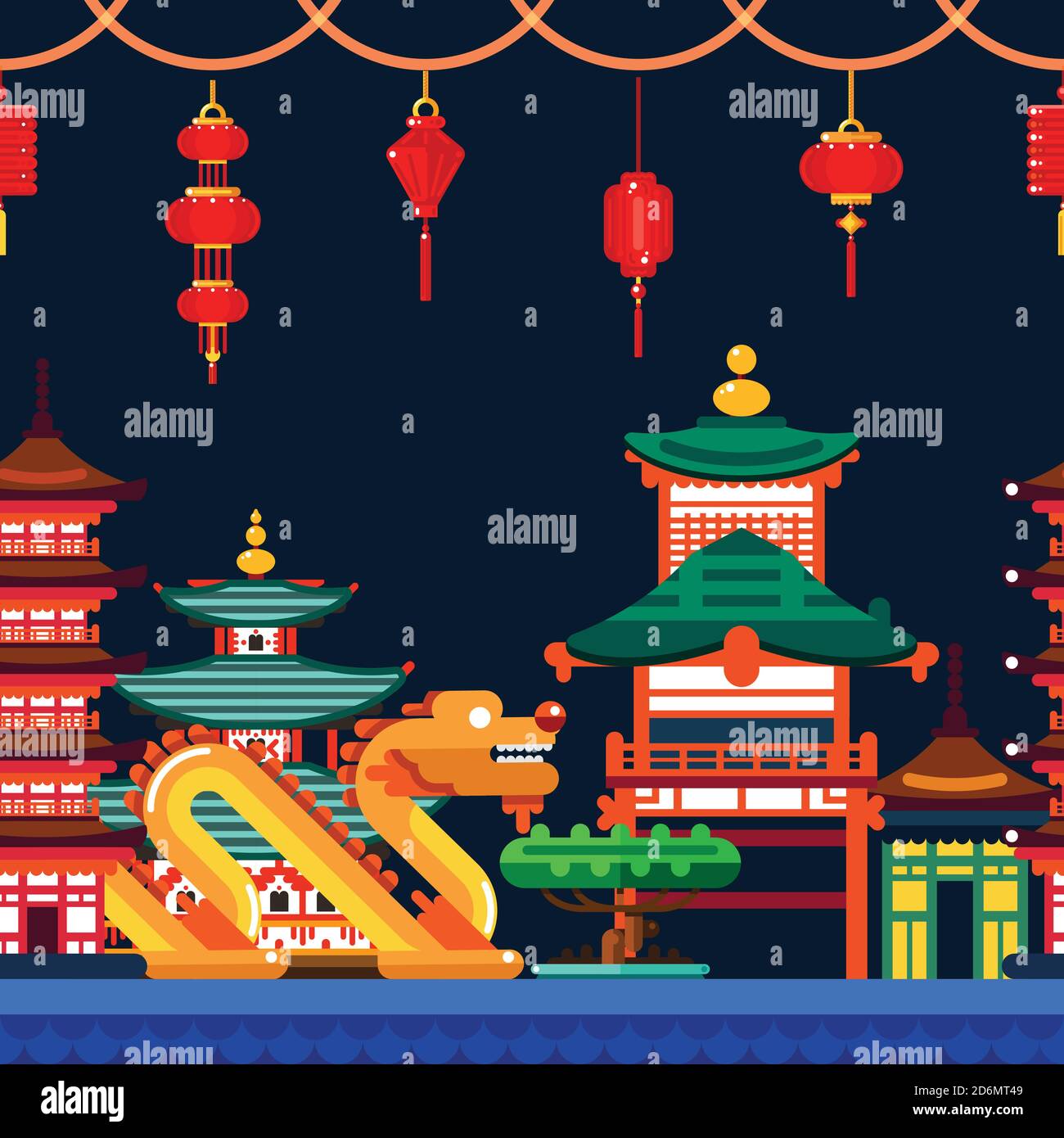 Chinesische Stadt nahtlose horizontalen Hintergrund. Reise nach China Vektor flache Illustration. Nächtliches asiatisches Stadtbild mit Drachen, Pagode und Laternen. Stock Vektor