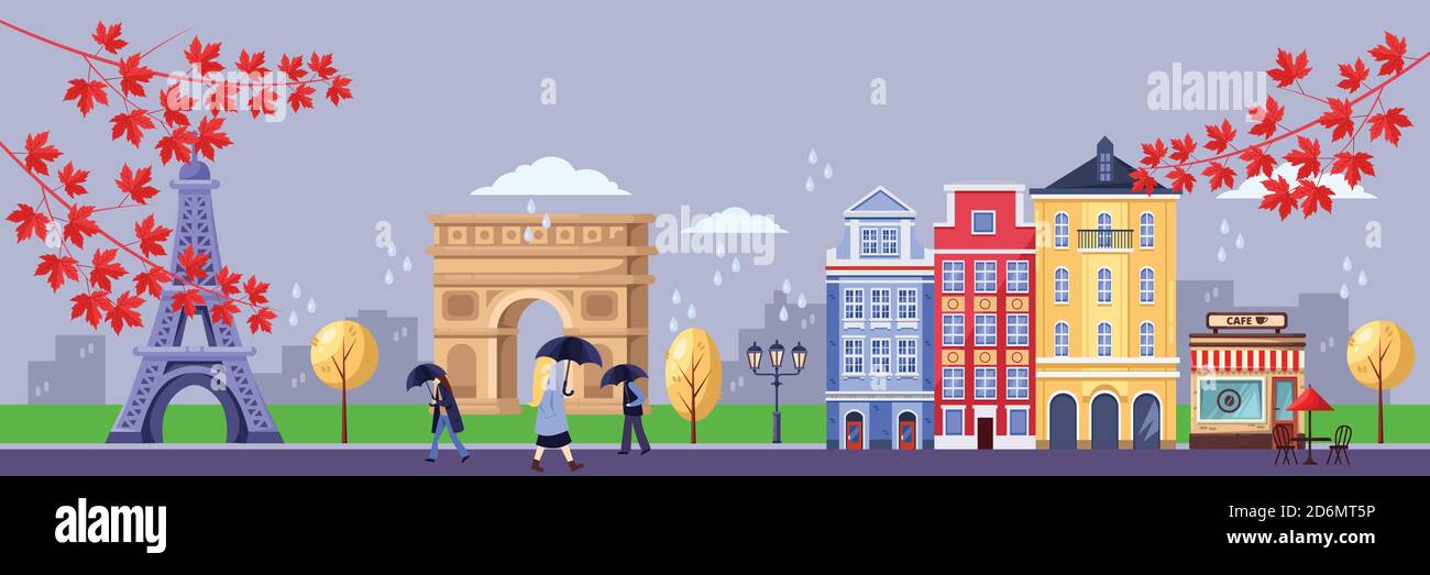 Herbstsaison in Paris. Vektor-flache Darstellung der Stadtlandschaft mit Eiffelturm, Triumphbogen und alten Gebäuden. Herbstreise nach France Design. Stock Vektor