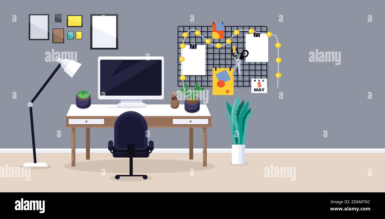 Designer oder Freiberufler Arbeitsplatz, Vektor-flache Illustration. Kreativer Arbeitsplatz mit Monitor und Kakteen auf Schreibtisch, Moodboard, Stuhl. Stock Vektor