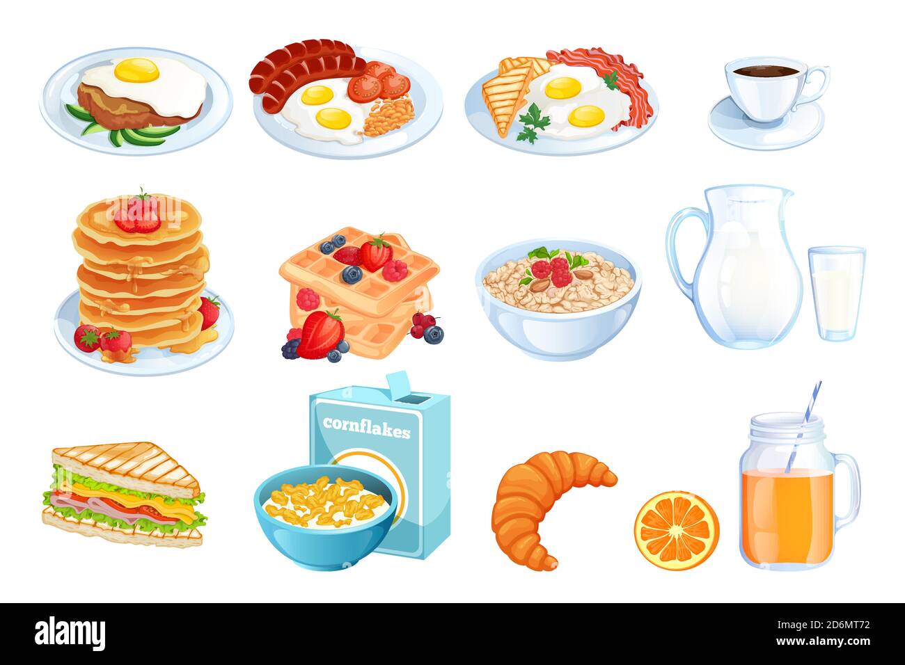 Kochen Frühstück, Vektor Cartoon Illustration. Auswahl an isolierten Gerichten zum Morgenessen. Restaurant oder Café Brunch-Menü Designelemente. Stock Vektor