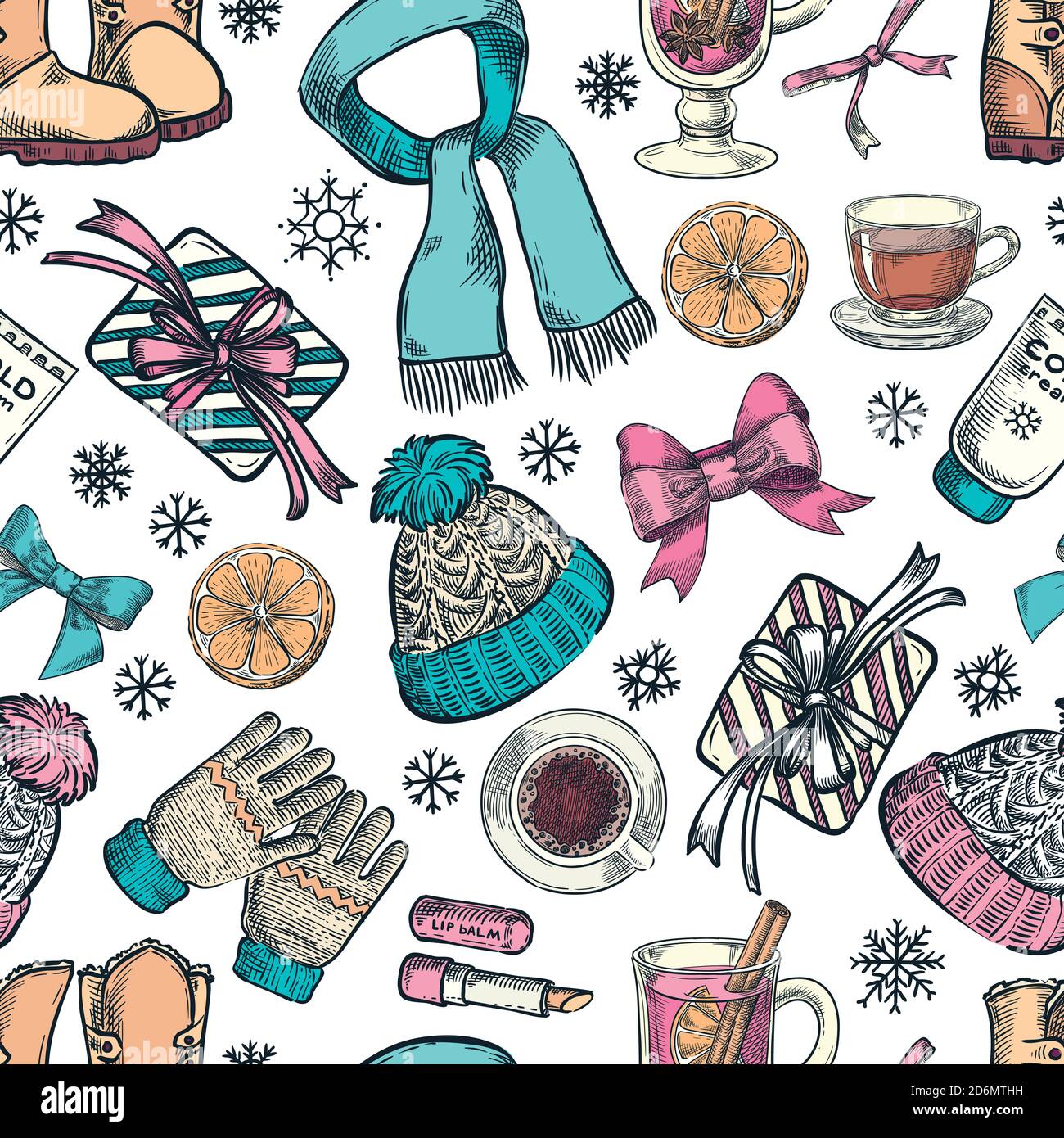 Winterurlaub Nahtloses Muster. Vektorfarbe Skizze Illustration. Weißer Hintergrund mit handgezeichneten Mode Kleidung, Herbst Accessoires, heiße Getränke und Stock Vektor