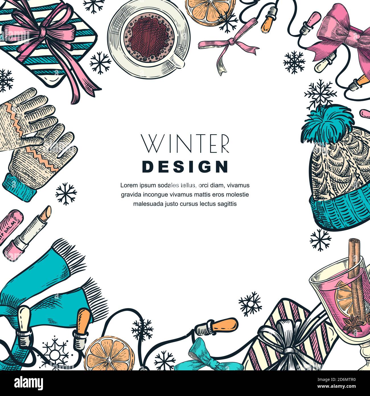 Winter Urlaub quadratischen Rahmen. Vektorfarbe Skizze Illustration. Weißer Hintergrund mit handgezeichneter Mode Kleidung, Herbst-Accessoires, heiße Getränke und gif Stock Vektor