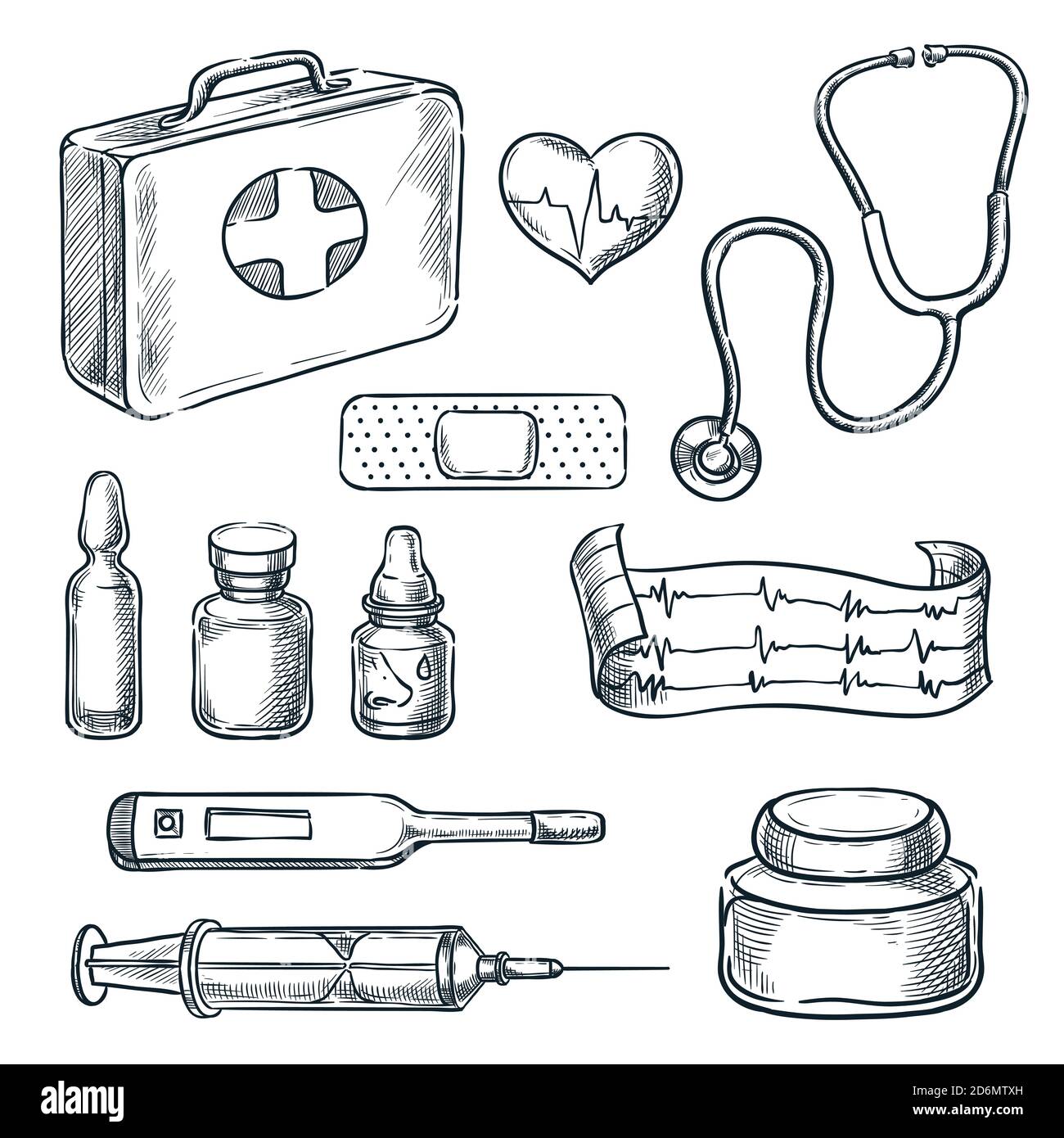 Erste-Hilfe-Set Vektorgrafik. Medizin und Gesundheitswesen handgezeichnete Symbole und Designelemente. Stock Vektor