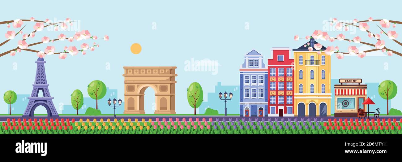 Frühling in Paris. Vektor-flache Darstellung der Stadtlandschaft mit Eiffelturm, Triumphbogen und alten Gebäuden. Reisen Sie nach France Design. Stock Vektor