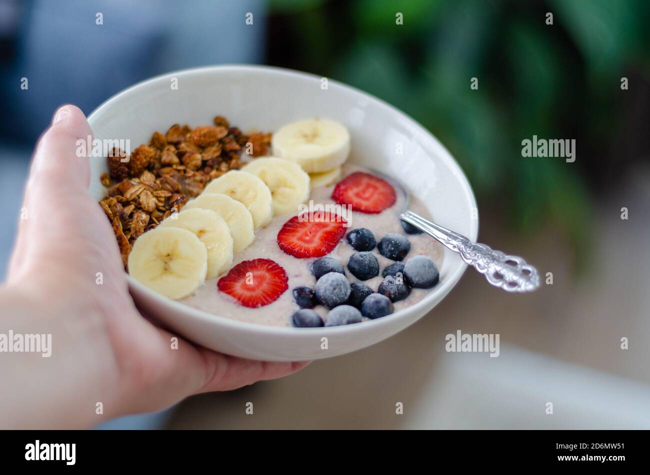 Gesundes Frühstück Haferbrei Haferbrei mit Erdbeeren, Banane, Heidelbeeren und Müsli Stockfoto