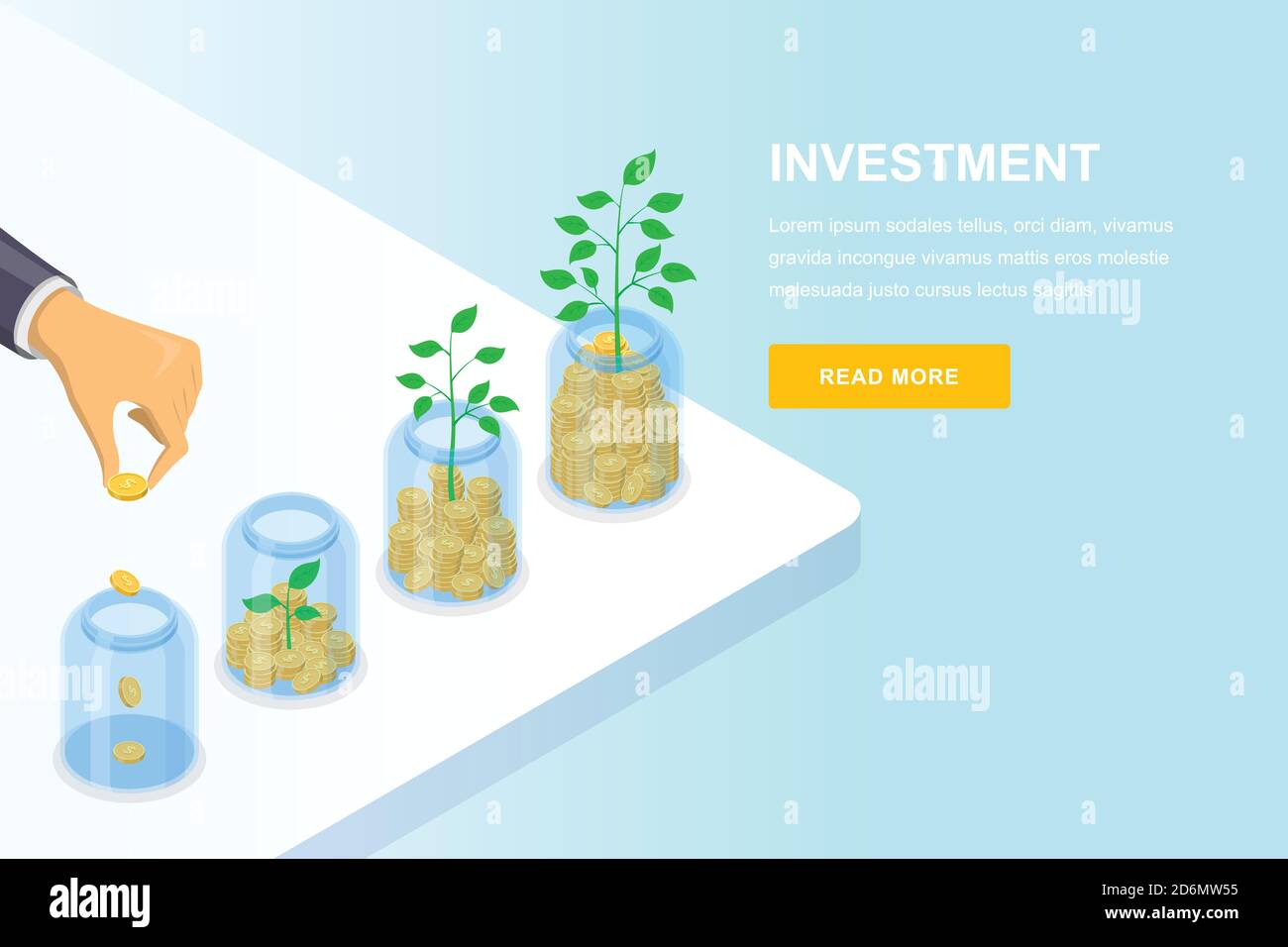 Business-Konzept für Investitionen und Finanzwachstum. Hand-Putting-Münze in durchsichtigen Glas, Vektor 3d isometrische Illustration. Banner, Design-Vorlage für Landing Page Stock Vektor