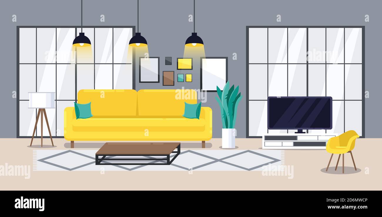 Wohnzimmer modernes Interieur, Vektor-flache Illustration. Gemütliches Apartment-Design-Konzept. Horizontaler Banner-Hintergrund. Stock Vektor