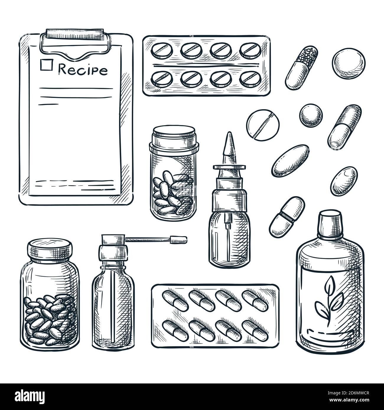Pharmazie, Medizin und Gesundheitswesen Vektor Skizze Illustration. Pillen, Medikamente, Flaschen, verschreibungspflichtige handgezeichnete Symbole und Design-Elemente. Stock Vektor