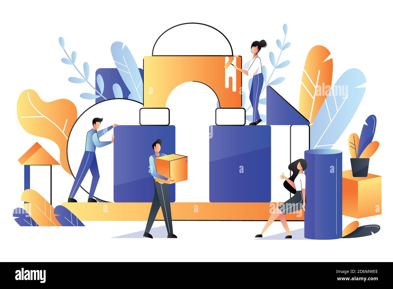 Teamarbeit, Zusammenarbeit, Partnerschaftskonzept. Vektor-Grafik im flachen Stil. Glückliche junge Menschen bauen Bau aus bunten Würfel, Business-Meta Stock Vektor