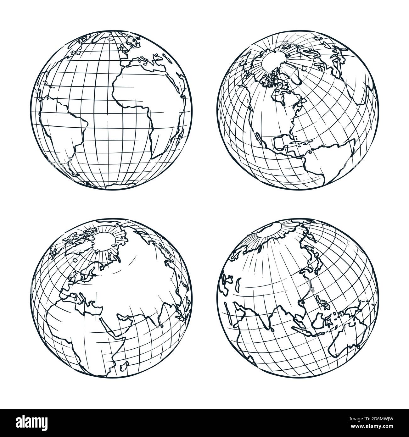 Vektorgrafik Erdplaneten. Handgezeichnetes Doodle Globe Set. Stock Vektor