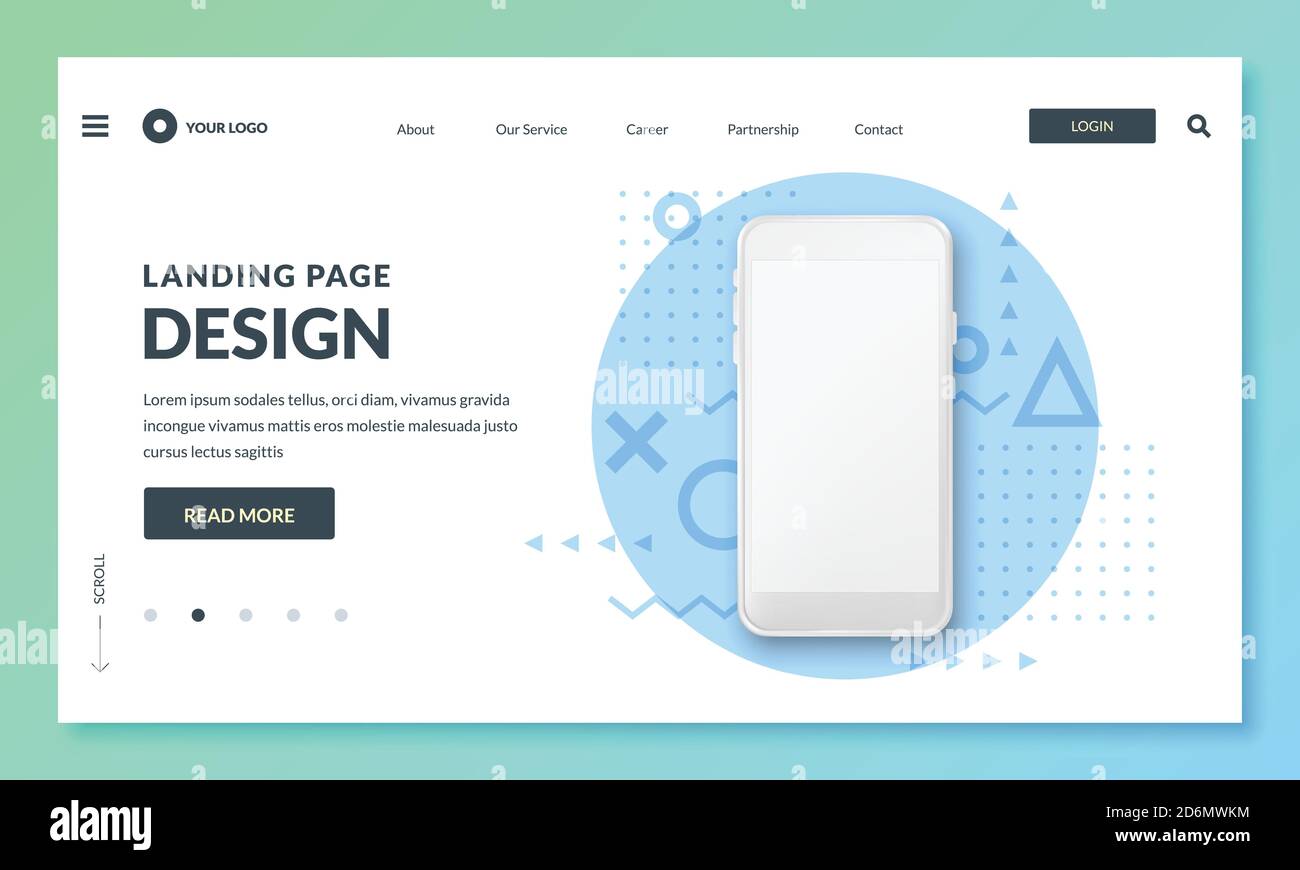 Vorlage für Landing Page oder Banner Design. Smartphone realistische 3d-Illustration, mobiles Interface-Konzept. Vektorlayout-Designelemente. Stock Vektor