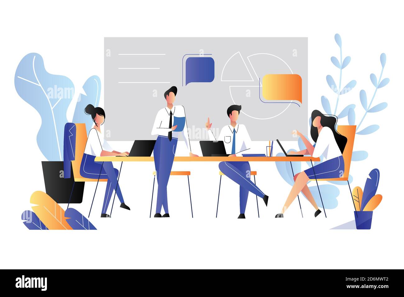 Teamarbeit, Zusammenarbeit, Partnerschaftskonzept. Vektor-Grafik im flachen Stil. Geschäftsleute haben Brainstorming im Büro. Stock Vektor