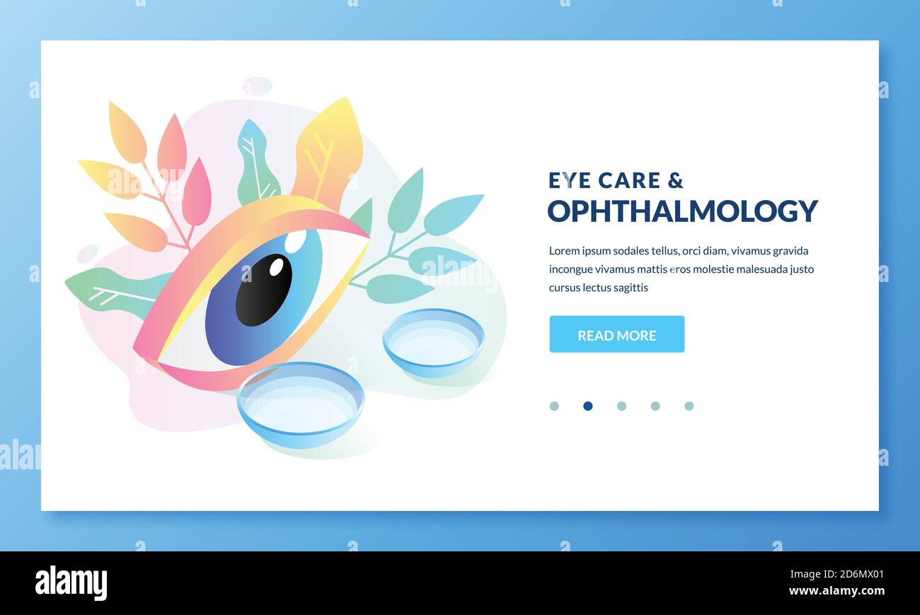 Ophthalmologie und Augenpflege Konzept. Vektor isometrisches Gradientenbild von bunten menschlichen Augen und Kontaktlinsen. Landing Page oder Banner Design tem Stock Vektor