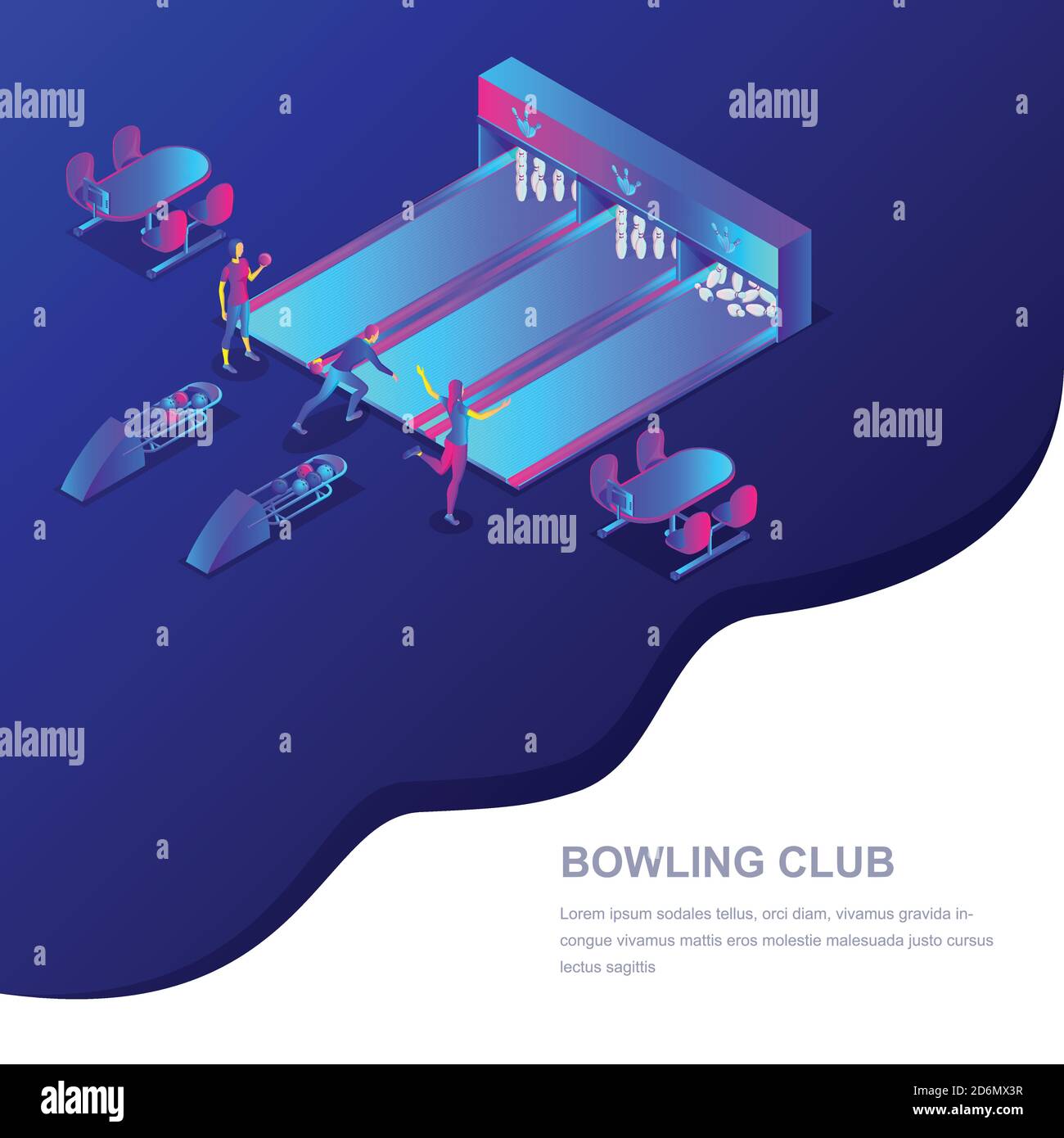 Bowling Club Vektor 3d isometrische Illustration. Menschen, die Bowling spielen. Konzept für Sportwettkämpfe und Freizeitaktivitäten. Trendige Farbverlauf Web-Bann Stock Vektor