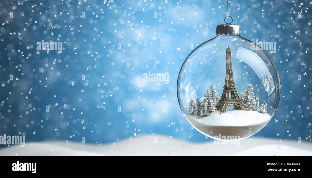 Eiffelturm mit Christbaum in Glaskugel oder Kugel. Tour nach Paris Frankreich für Silvester Feiern Konzept. 3d-Illustration Stockfoto