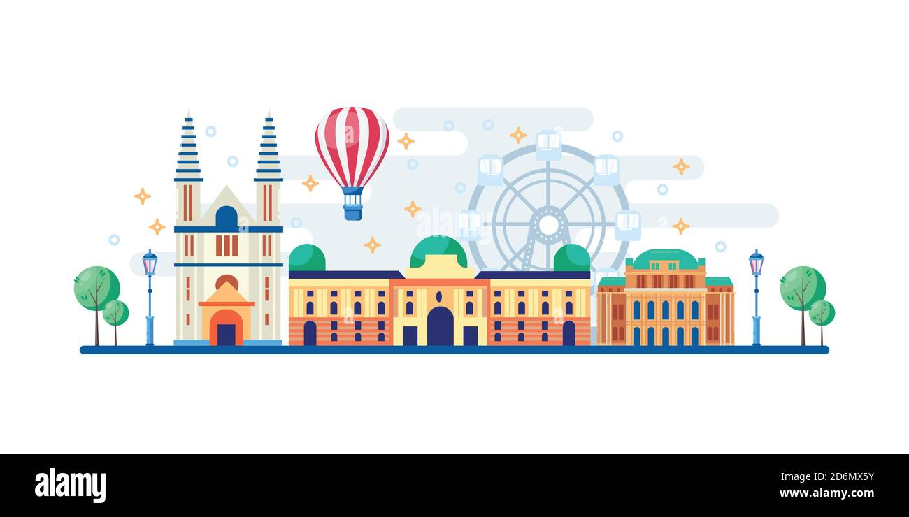 Wiener Stadtbild mit berühmten Sehenswürdigkeiten. Vektorgrafik flach. Reisen Sie nach Österreich horizontale Banner Design-Elemente. Stock Vektor
