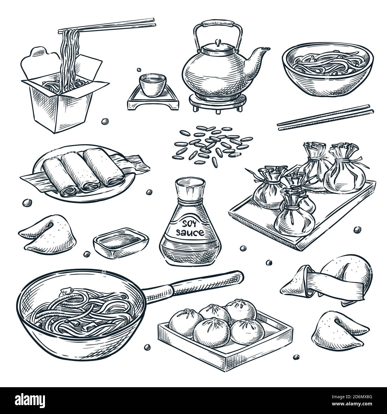 Chinesisches Essen, Vektor-Skizze Illustration. Set von isolierten handgezeichneten porzellan und asiatische Mahlzeit. Design-Elemente für Restaurants oder Cafés. Stock Vektor
