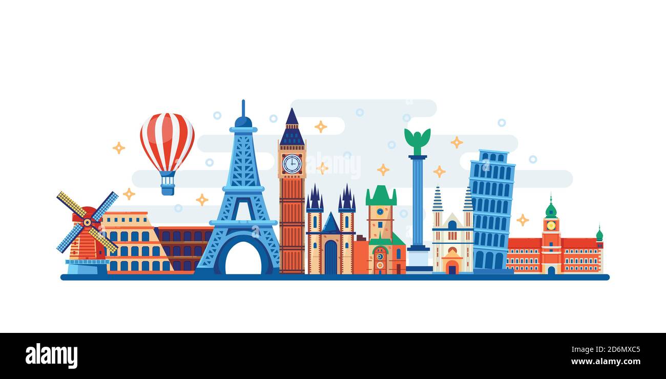 Berühmte Reise- und touristische Sehenswürdigkeiten. Vektorgrafik flach. Weltreisekonzept. Horizontale Banner- oder Poster-Designelemente. Stock Vektor