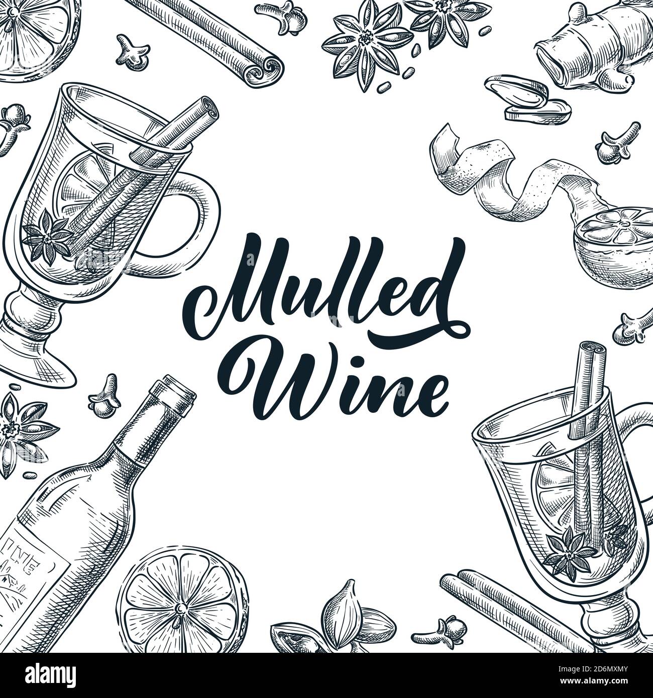 Glühweinrahmen mit handgezeichneter Kalligraphie-Schrift. Vektorgrafik Skizze. Banner-, Label-, Menü- oder Paketdesign-Vorlage. Stock Vektor