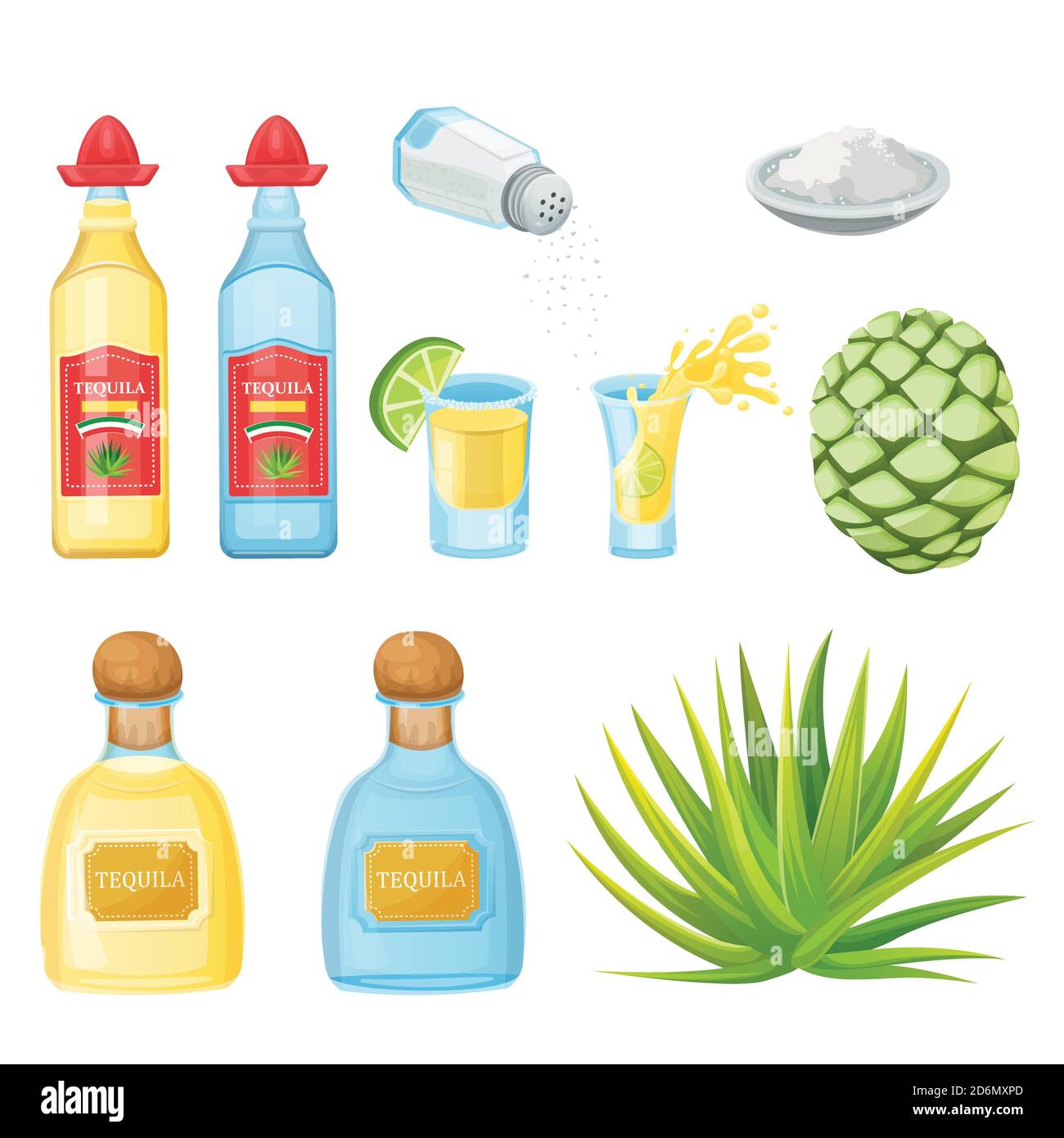 Tequila Flaschen, Glas, Salz und Agave Wurzel Zutaten, Vektor-Cartoon-Illustration. Mexikanische alkoholfreie Getränke und Cocktails Menüelemente. Stock Vektor
