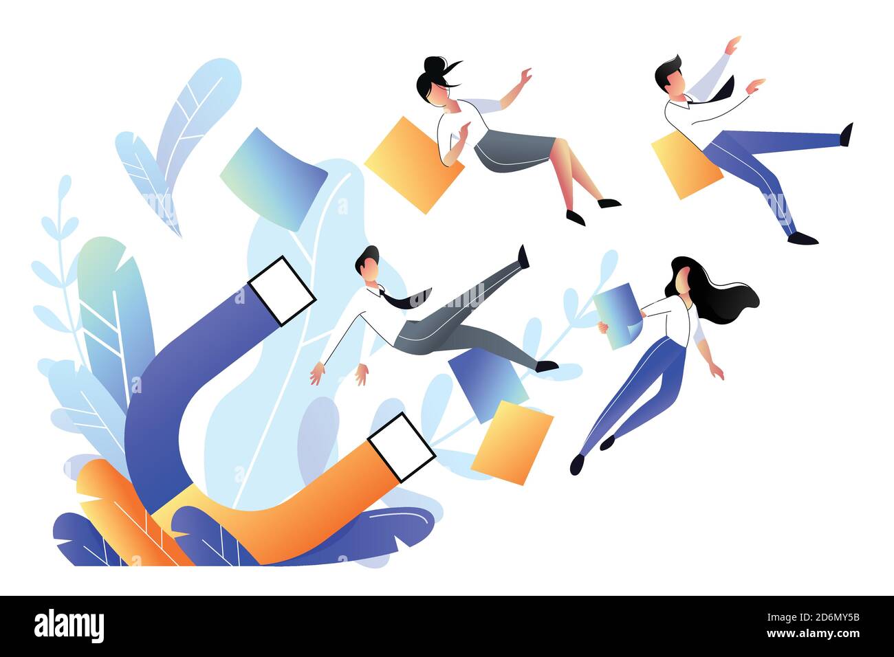 Kundengewinnung, Käufer und Marketing-Strategie-Konzept. Großer Magnet zieht Menschen an, Geschäftsmetapher. Vektor-Grafik im flachen Stil. Stock Vektor