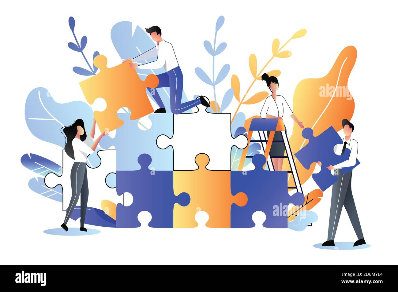 Junge Leute sammeln Multicolor Puzzle. Vektorgrafik flach. Entwicklung, Teamarbeit und Partnerschaft Business Metapher. Stock Vektor