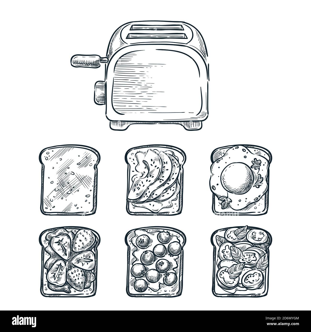Toaster und verschiedene Toastbrote. Kochen Frühstück, Vektor-Skizze Illustration. Rezepte und Zutaten für leckere Toastauflagen. Res Stock Vektor