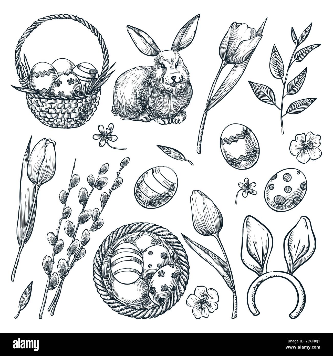 Ostereier, Korb, Kaninchen, Weide und Tulpen Blumen. Vektorgrafik Skizze. Design-Elemente für den Frühling. Stock Vektor