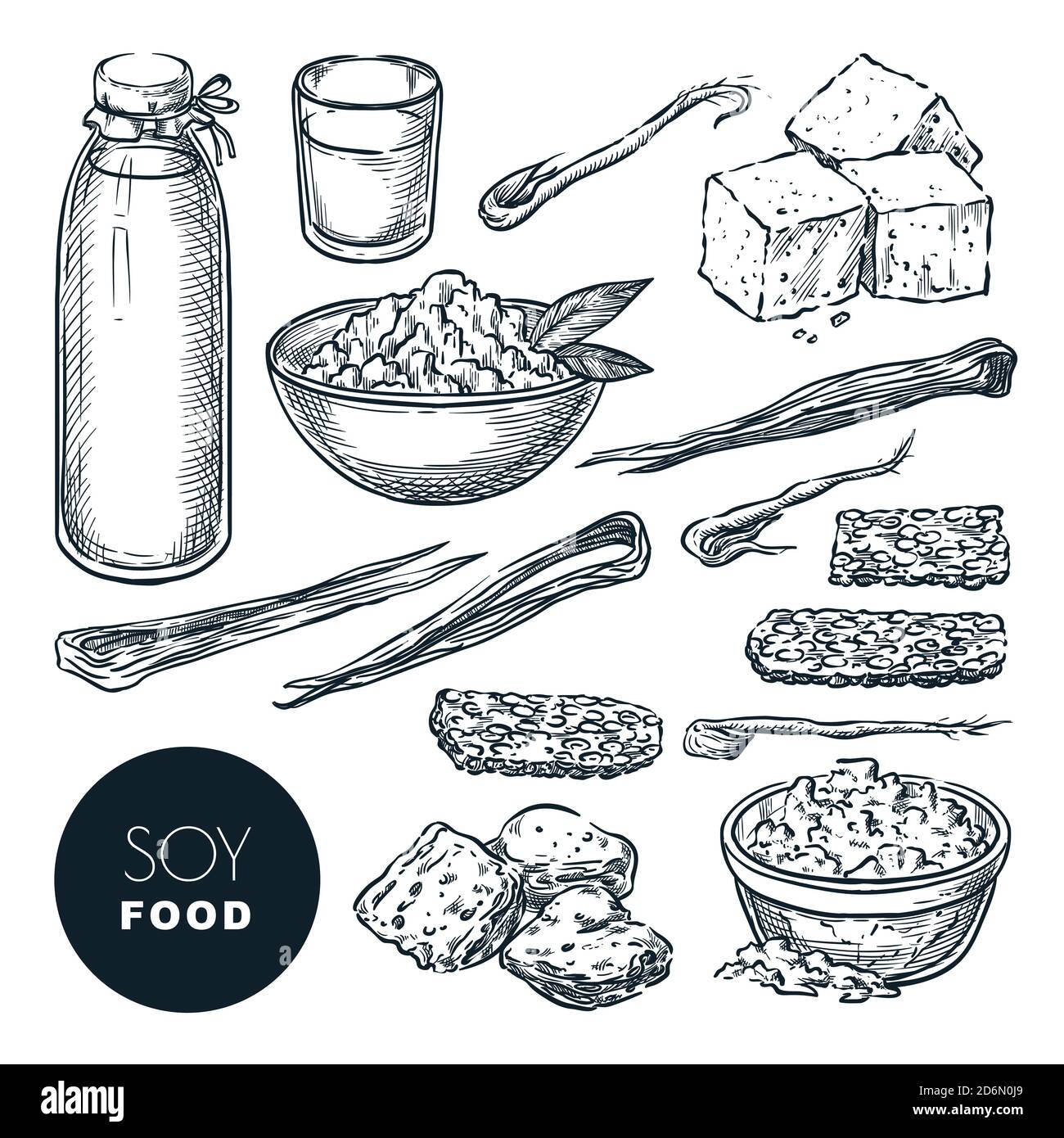 Soja Lebensmittel vegetarische Produkte Skizze Vektor Illustration. Sojamilch, Tofu, Sprossen, Fleisch. Handgezeichnete isolierte Designelemente. Stock Vektor