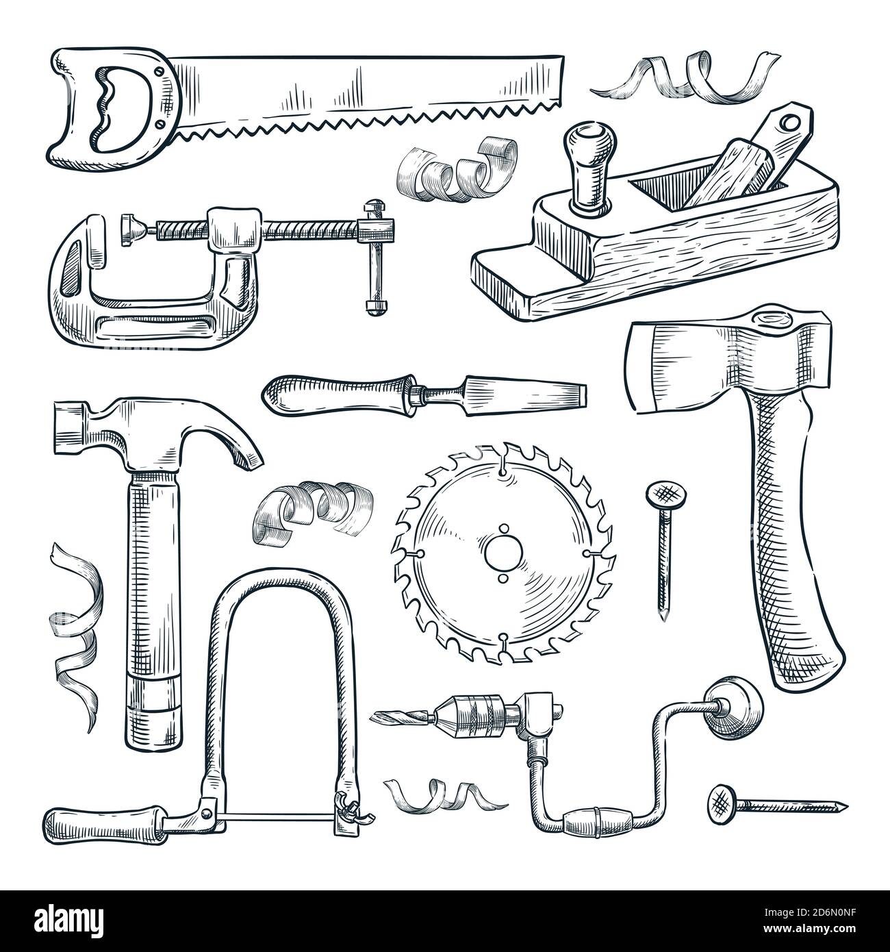 Holzarbeiten und Schreinerei Werkzeuge Set. Tischler Werkstatt Handwerk Ausrüstung, Vektor handgezeichnete Skizze Illustration. Holz Material und Möbelindustrie desi Stock Vektor