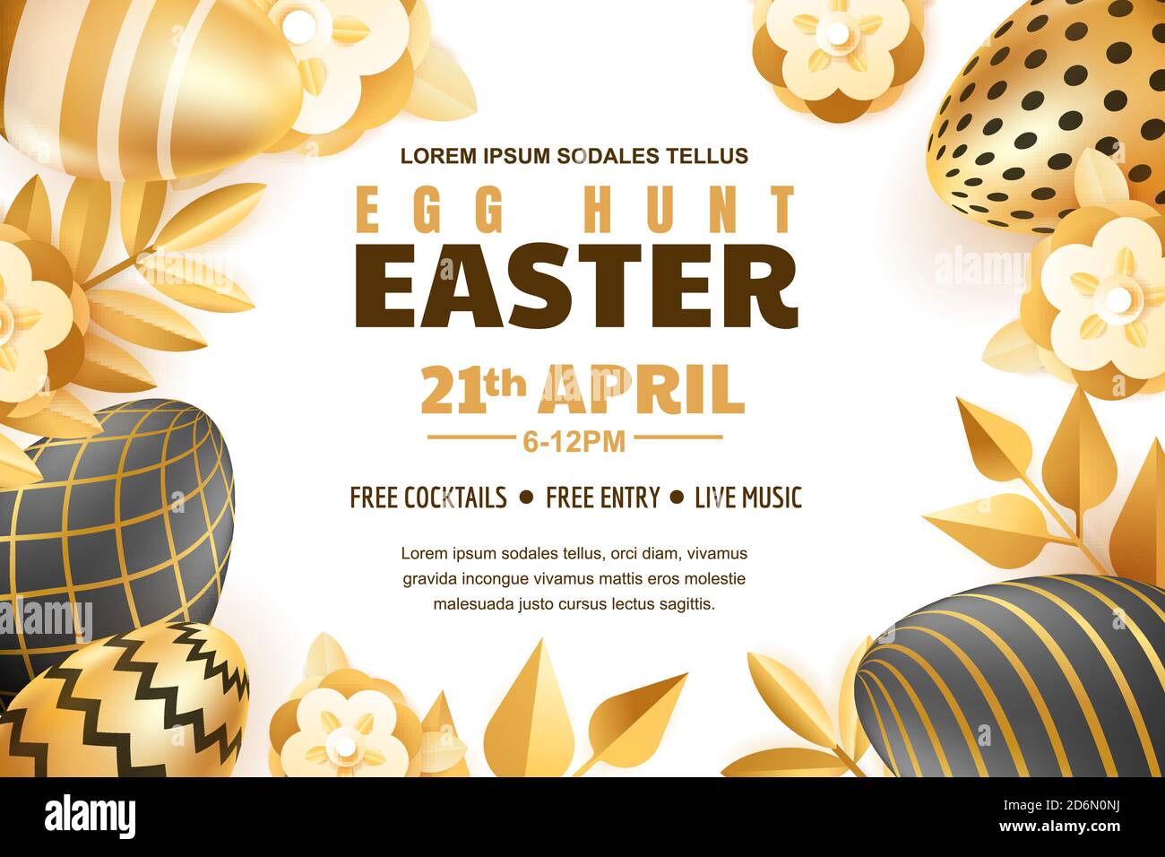 Eiersuche Ostern horizontale Banner-Vorlage. Layout von Urlaubsposter oder Flyern. Vektor 3d Gold und schwarz realistische Eier und Blätter Illustration. Stock Vektor