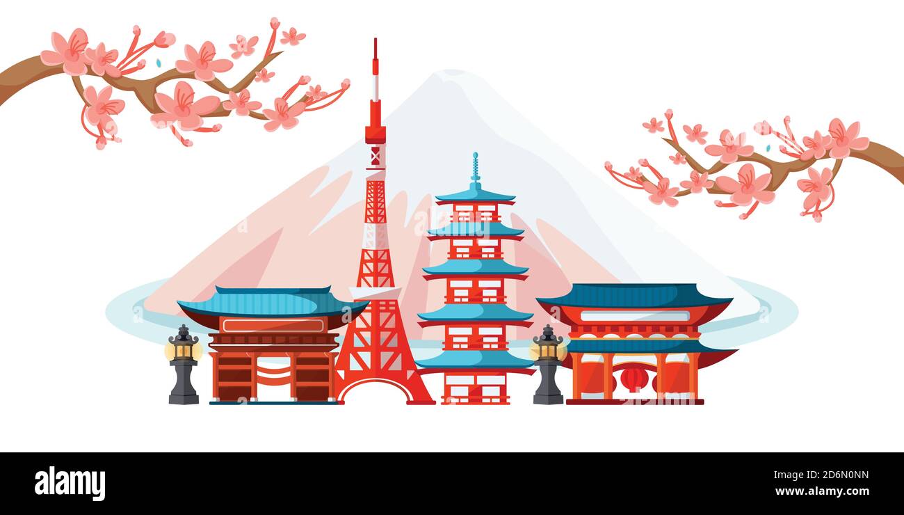 Tokyo Stadtbild mit berühmten touristischen Wahrzeichen. Vektorgrafik flach. Reisen Sie nach Japan horizontale Banner-Design. Japanische Landschaft mit Tradition Stock Vektor