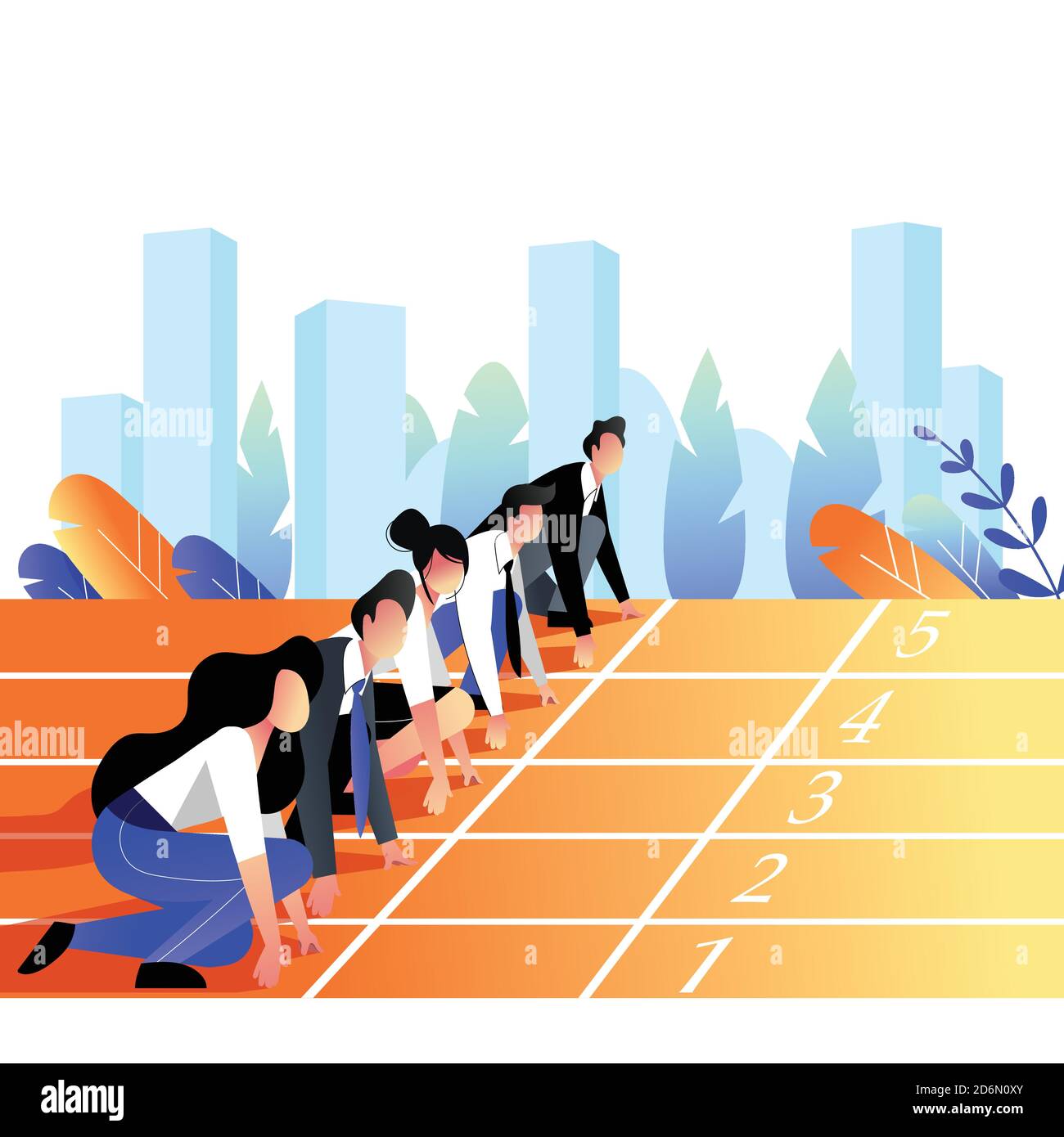 Business People Race Konzept. Geschäftsleute stellten sich auf, um sich auf der Sportstrecke des Stadions vorzubereiten. Vektor trendy flache Illustration. Stock Vektor