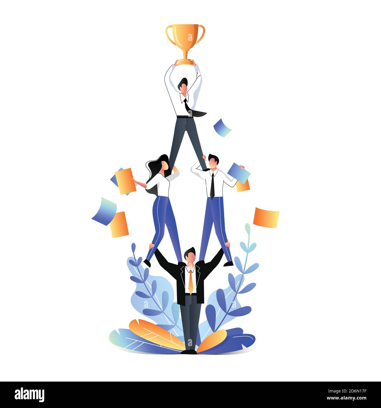 Erfolgreiche Teamarbeit und Unterstützung des Geschäftskonzepts. Vektor trendy flache Illustration. Geschäftsleute Akrobaten stehen in Pyramide und hält Teamleiter wi Stock Vektor