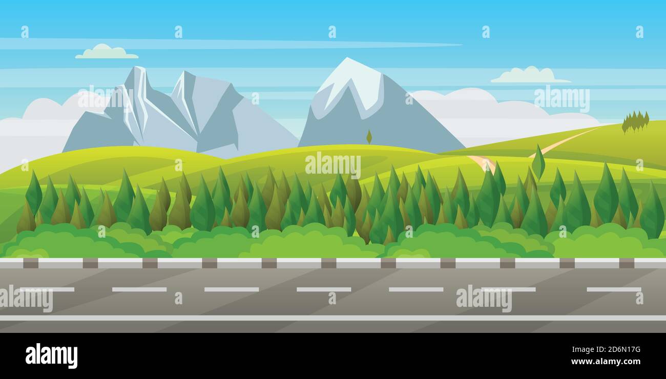 Sommer, Frühling grüne Landschaft. Vektordarstellung von Hügeln, Wiesen und Bergen. Natur im Freien Hintergrund. Stock Vektor