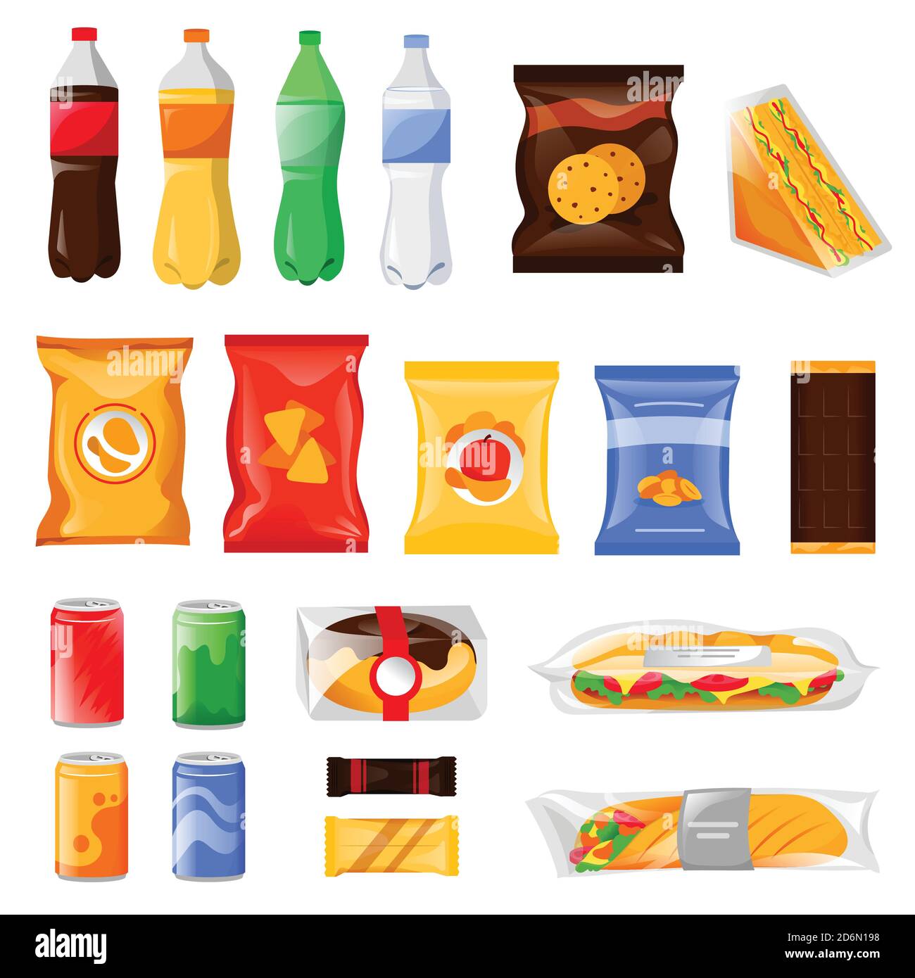 Snack-und Fast-Food-Produkte Set. Cartoon Mahlzeit und Getränke Vektor Illustration, isoliert auf weißem Hintergrund. Getränkeflaschen, Sandwich-Paket und CO Stock Vektor
