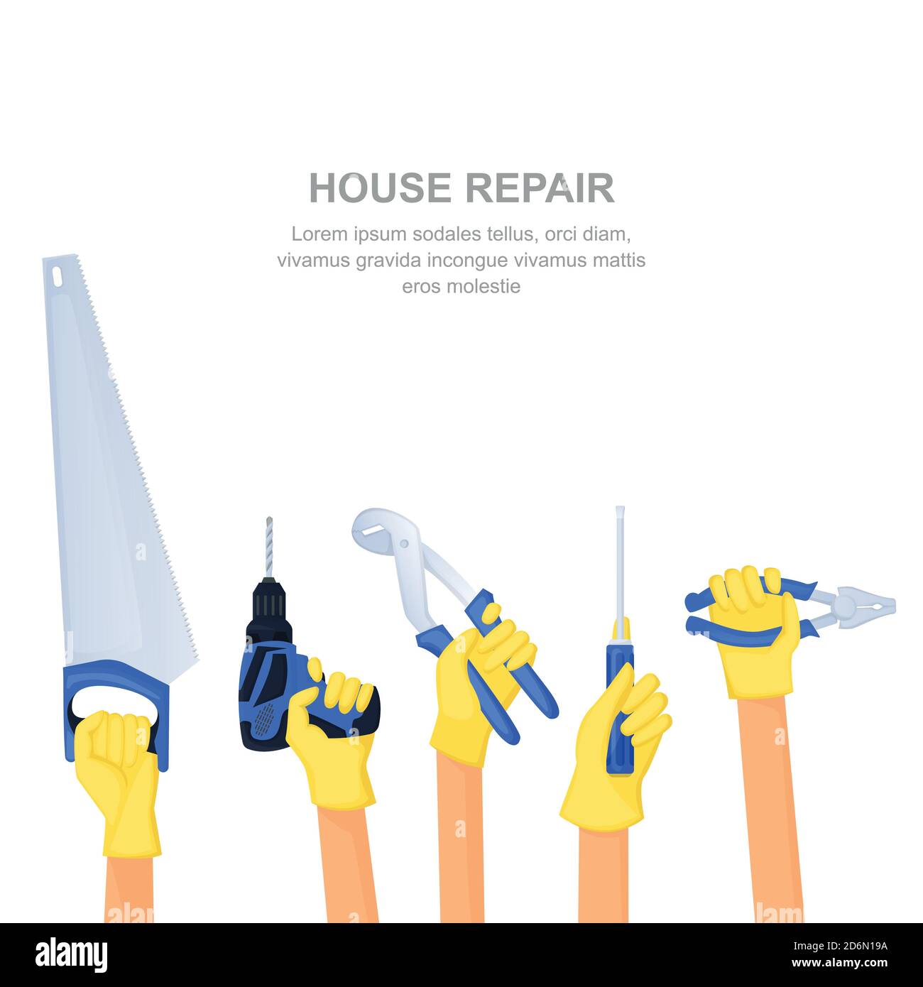 Menschliche Hände mit Hausreparaturwerkzeugen und -Ausrüstung. Hausbau Banner oder Poster Design Vorlage. Vektor-Cartoon-Illustration auf weißem Hintergrund. Stock Vektor