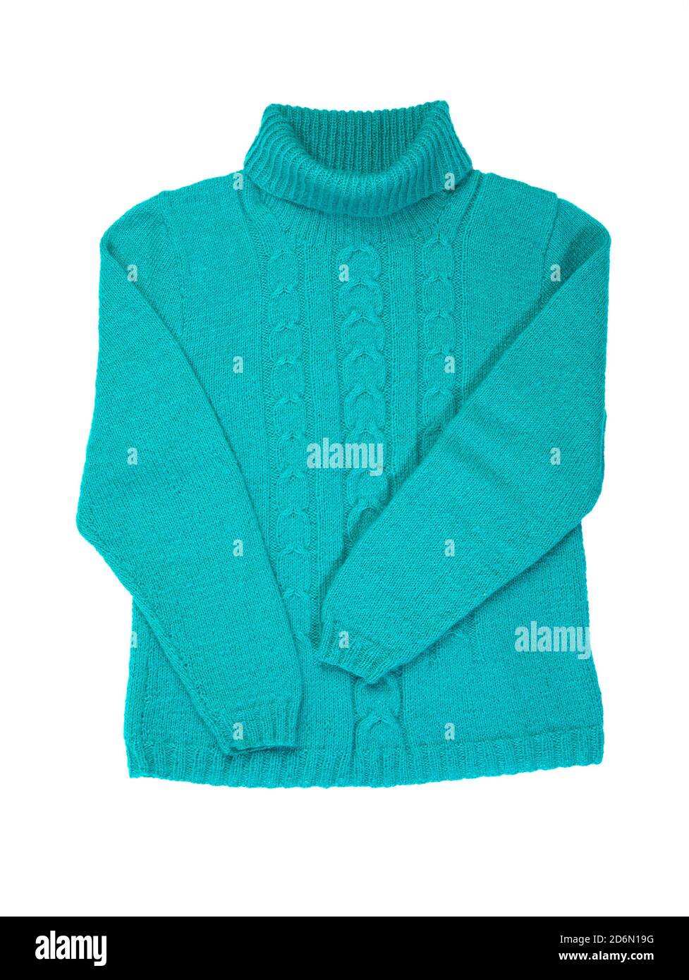 Pullover isoliert auf weißem Hintergrund. Blauer warmer Pullover mit Muster. Winterpullover. Stockfoto