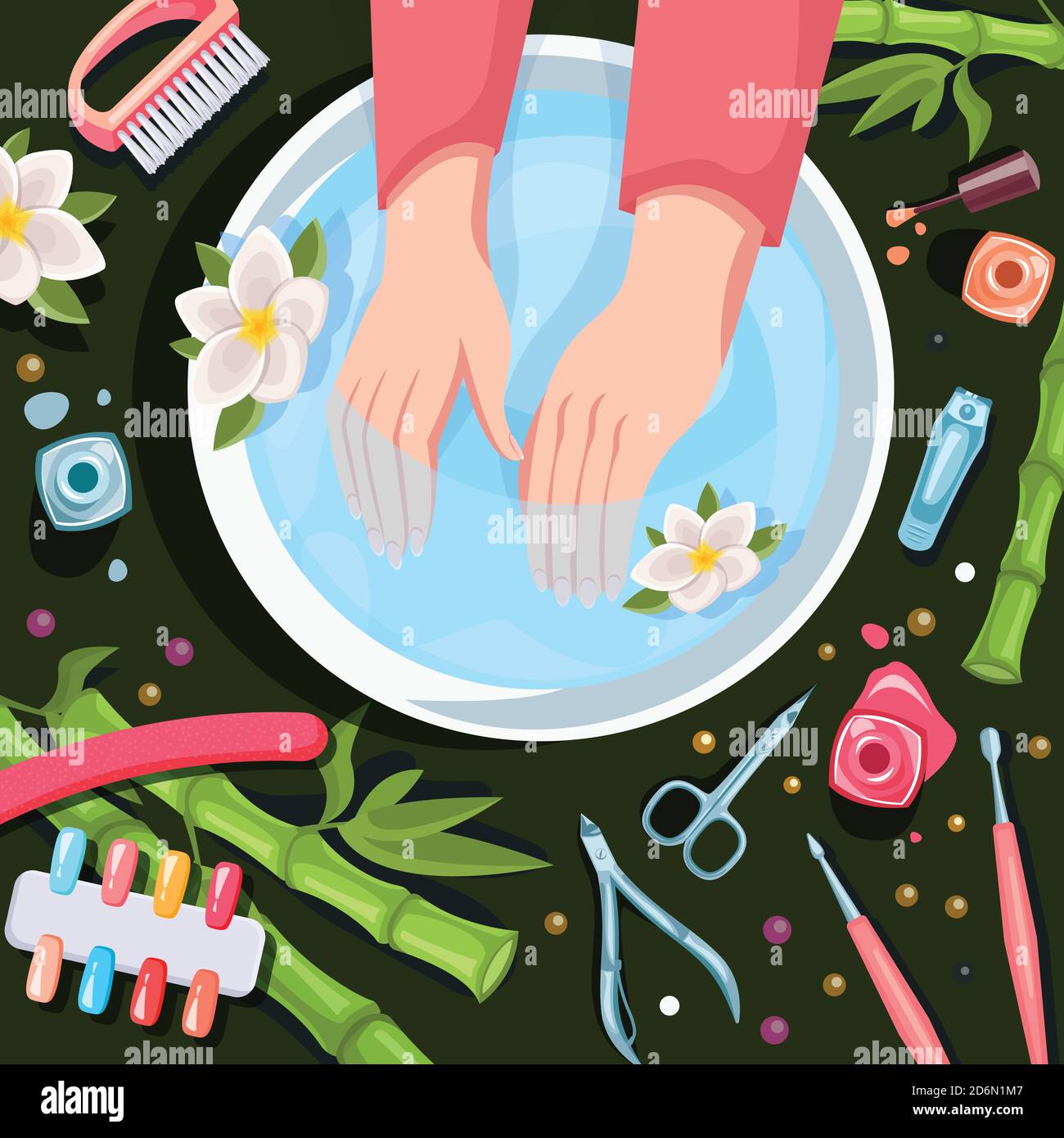 Weibliche Hände in Schüssel mit sauberem Wasser, Draufsicht Vektor-Karikatur-Illustration. Spa-Behandlungen, Maniküre und entspannen. Schönheitssalon Hände und Nägel Pflege. Stock Vektor