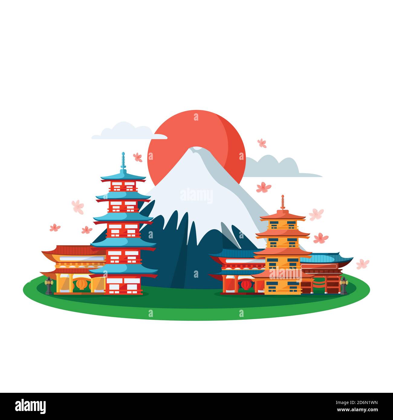 Japanische nationale Symbole. Vektor flache Cartoon-Illustration, isoliert auf weißem Hintergrund. Tokio Pagoden Gebäude und Fuji Berg. Stock Vektor