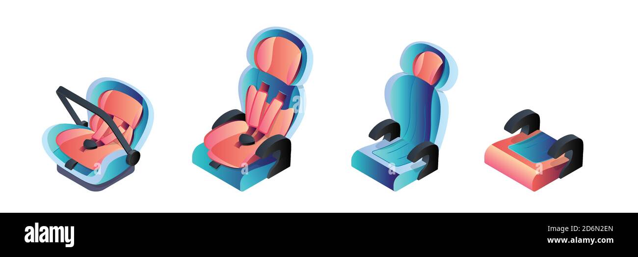 Kindersitze für Kinder, Kleinkinder und Neugeborene. Vektor-3d-isometrische Darstellung isoliert auf weißem Hintergrund. Verkehrssymbole für Sicherheitsfahrzeuge. Stock Vektor