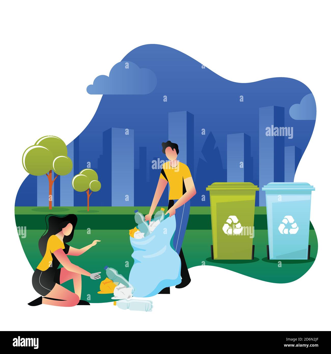 Freiwillige sammeln Plastikmüll im Freien. Freiwilligenarbeit, Ökologie und Umweltkonzept. Vektor Cartoon flache Illustration. Personen sortieren und rec Stock Vektor