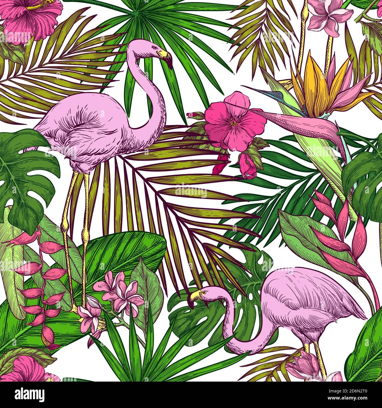 Tropisches Nahtmuster. Rosa Flamingo, exotische Blumen und Palmblätter auf weißem Hintergrund. Vektorfarbe handgezeichnete Skizze Illustration. Sommer tren Stock Vektor