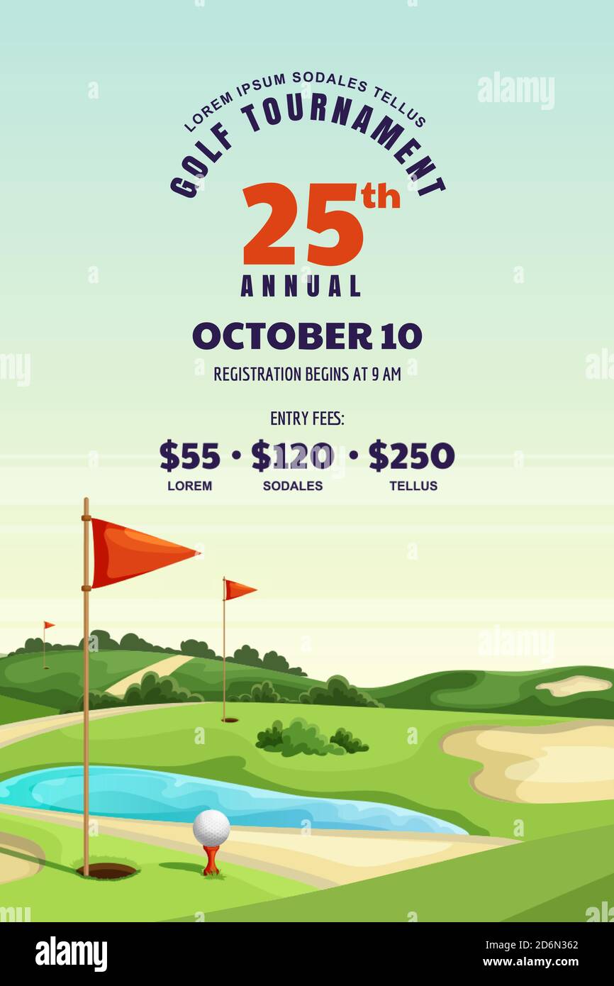 Golf-Turnier, Poster, Ticket oder Banner Design-Vorlage. Vektor-Cartoon-Illustration des Golfplatzes mit Grün, Wasser und Sand Bunker. Sommer Stock Vektor