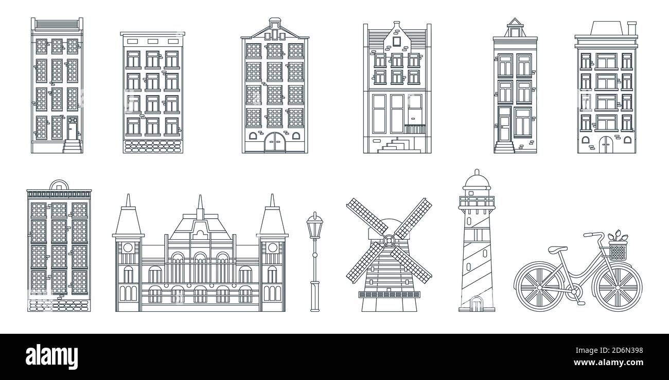 Amsterdam Stadtgebäude, Mühle, Leuchtturm und Fahrrad, schwarz weiße Linie Kunst isoliert Ikonen. Vektorgrafik. Reisen Sie nach Niederlande Design Elements. Stock Vektor