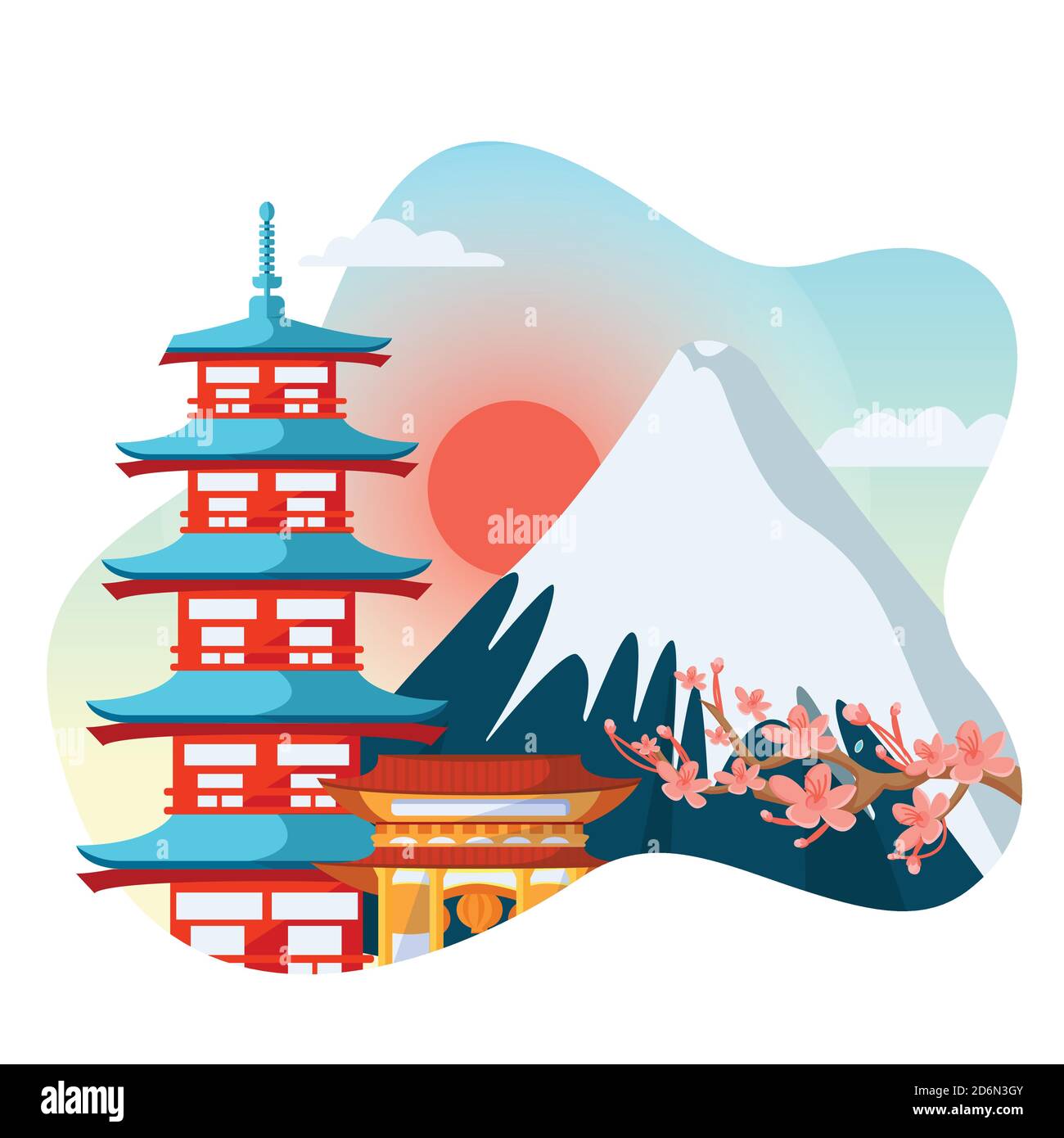 Japanische bunte Pagode, Sakura Blumen auf Fuji Berg Hintergrund. Reise nach Japan isoliert Vektor flach Cartoon Illustration. Traditioneller asiatischer Bogen Stock Vektor